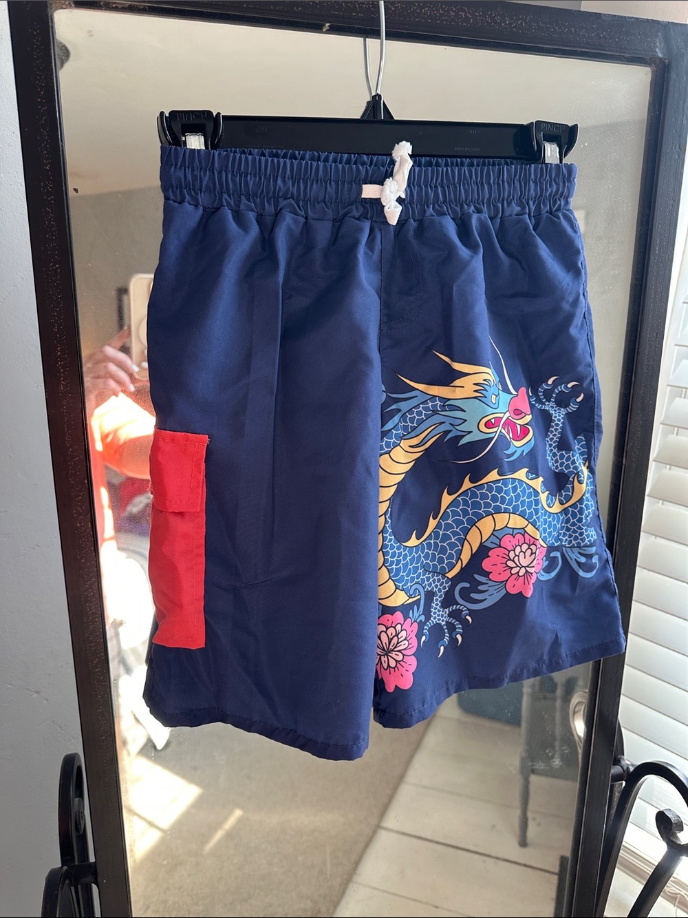 Kids Navy Dragon Print Swim Trunks with Red Accent